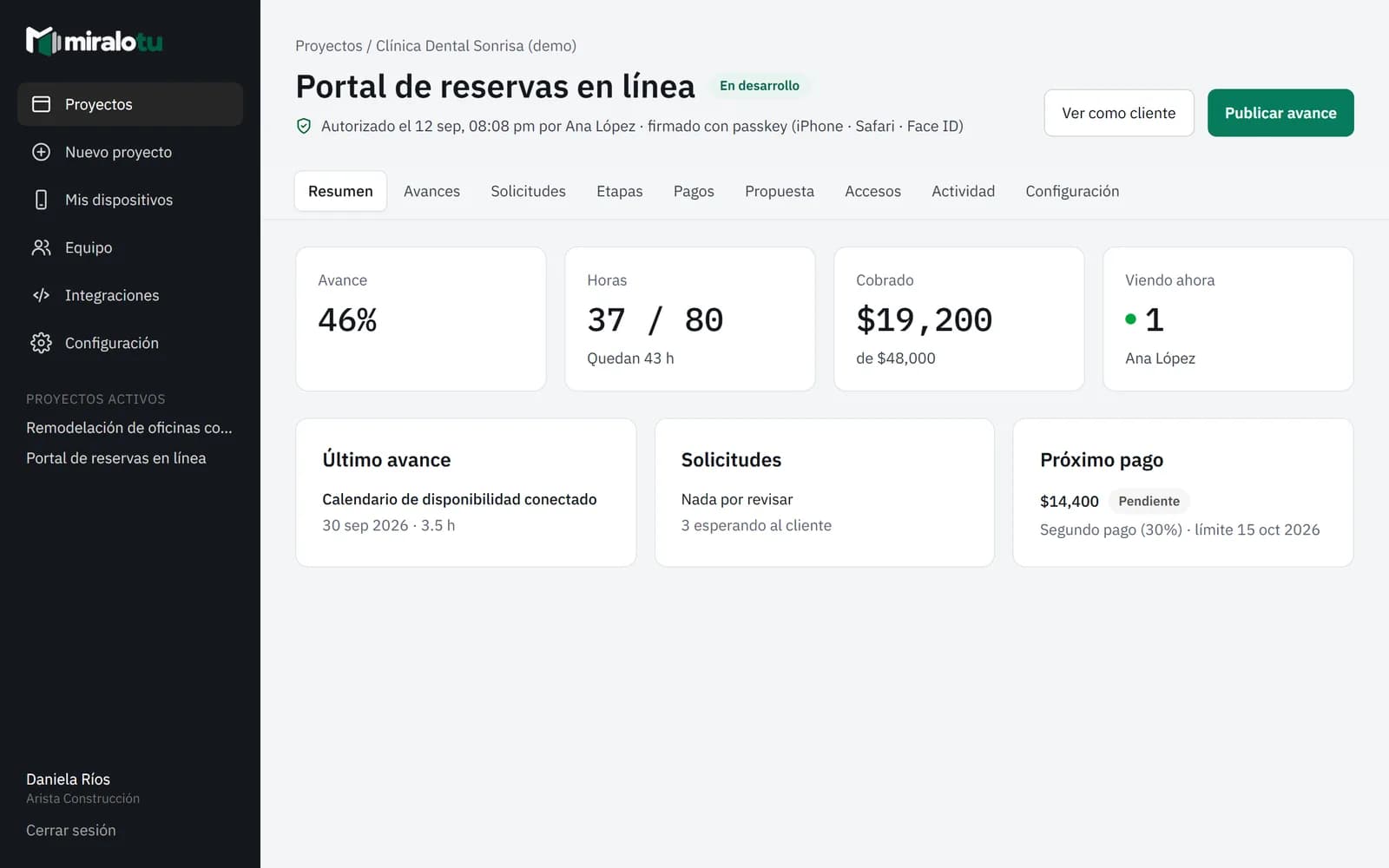 Panel del proyecto con avance, horas, cobrado y próximo pago