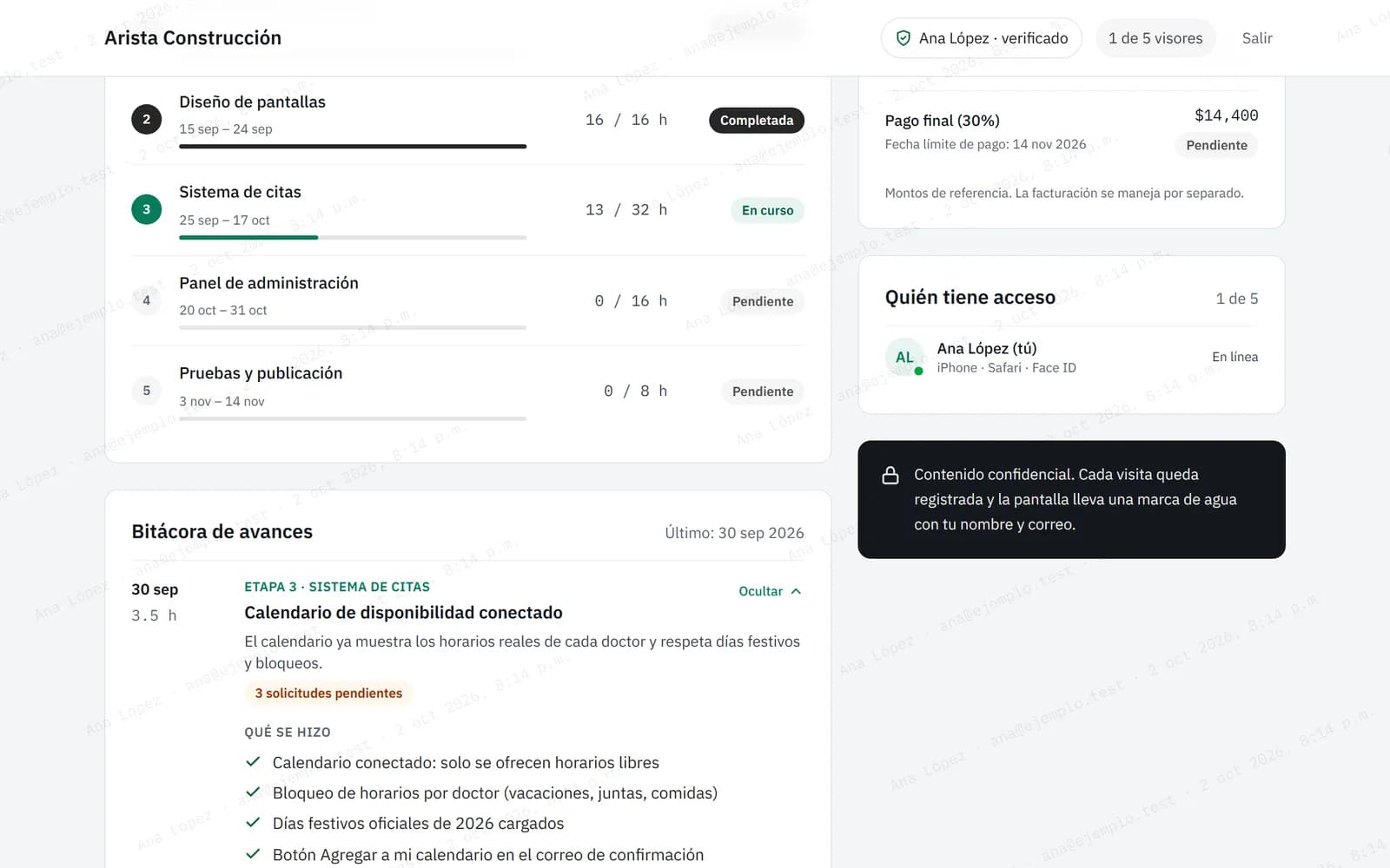 Portal del cliente con etapas y bitácora de avances
