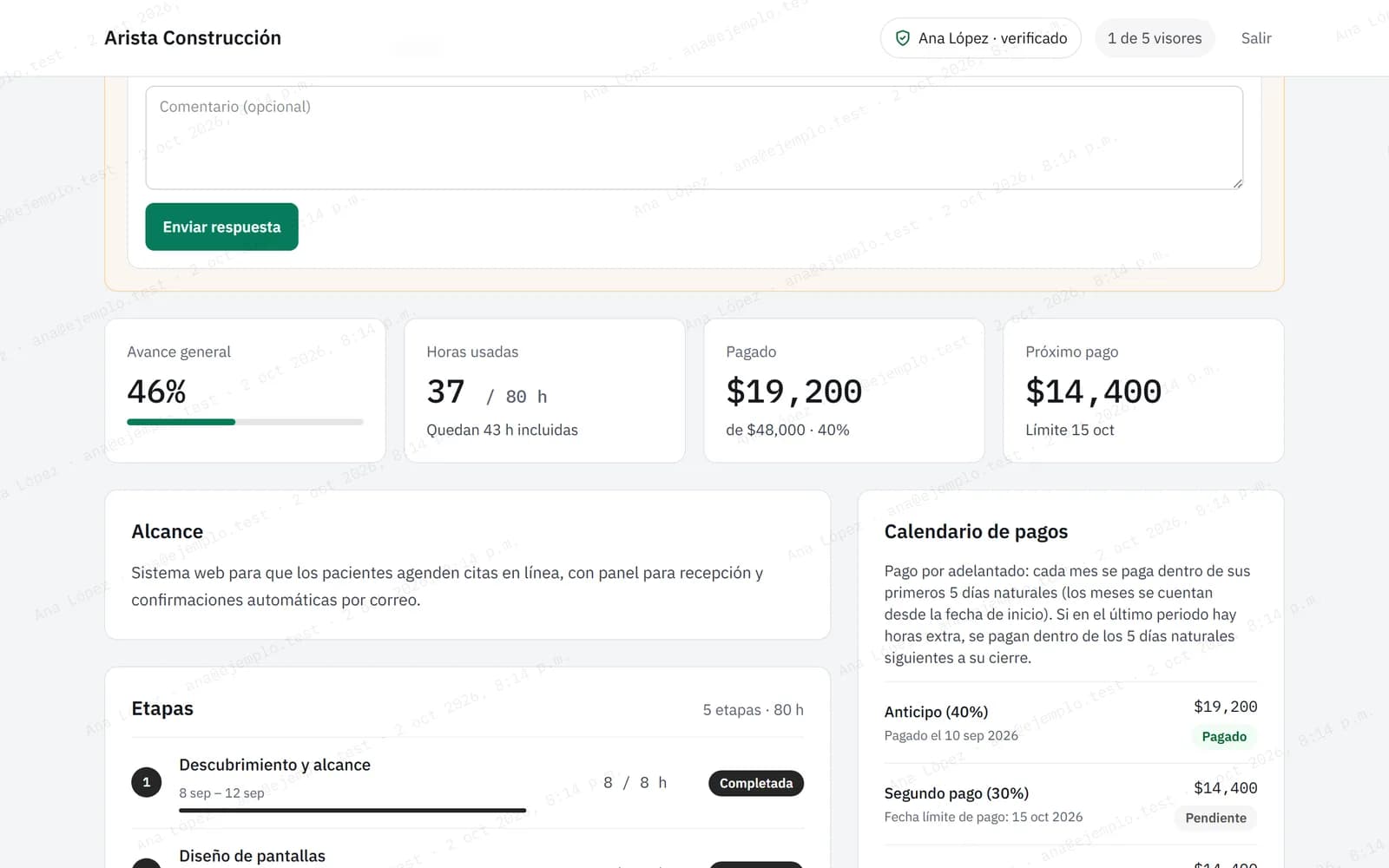 Calendario de pagos con fechas límite y estados