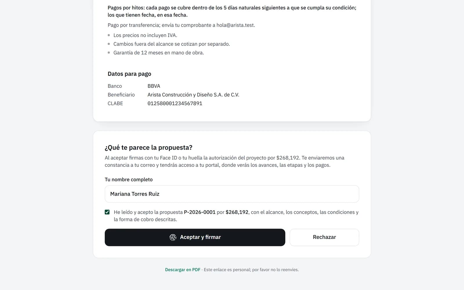 Botón Aceptar y firmar con Face ID o huella