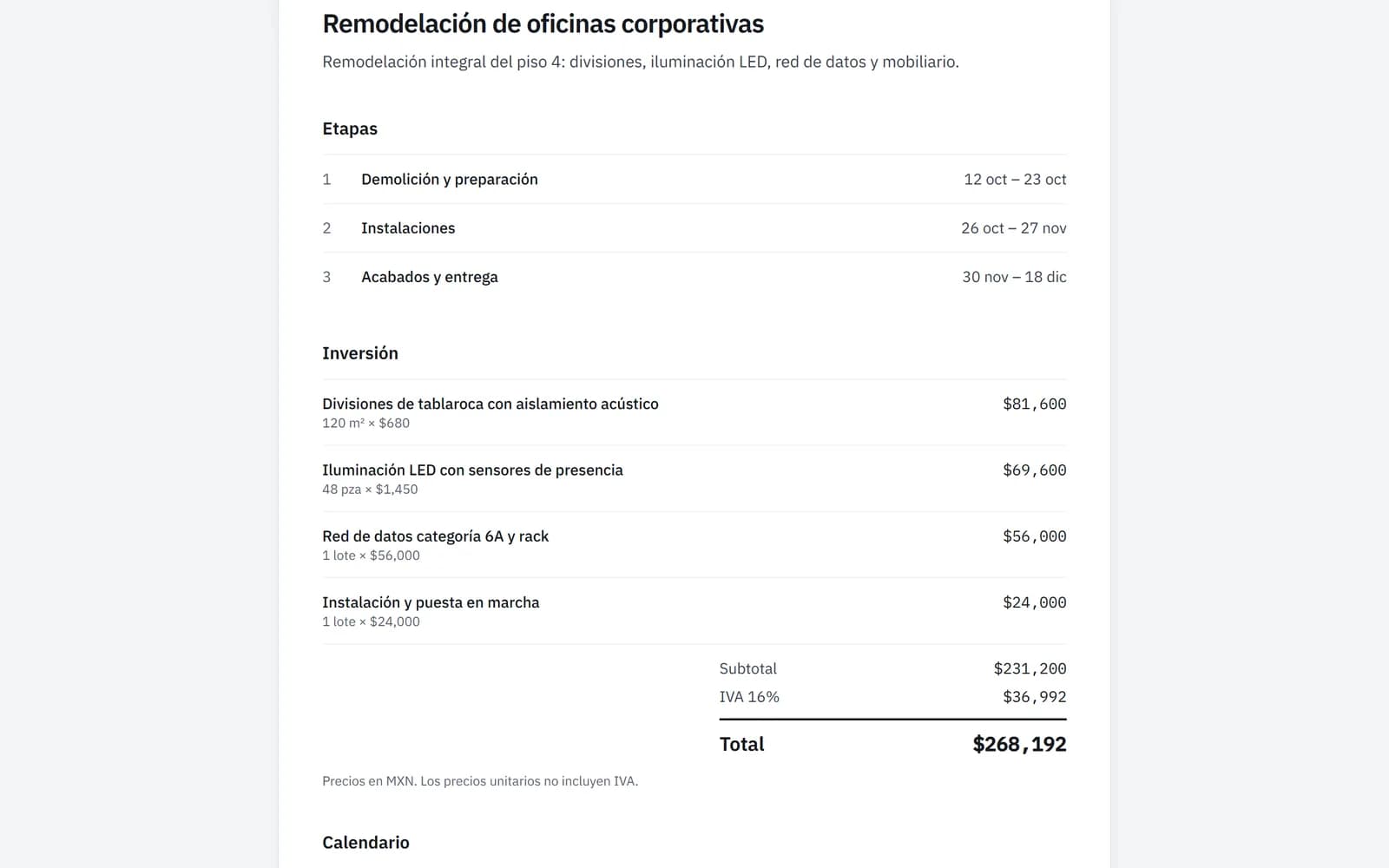 Propuesta con conceptos, subtotal, IVA y total
